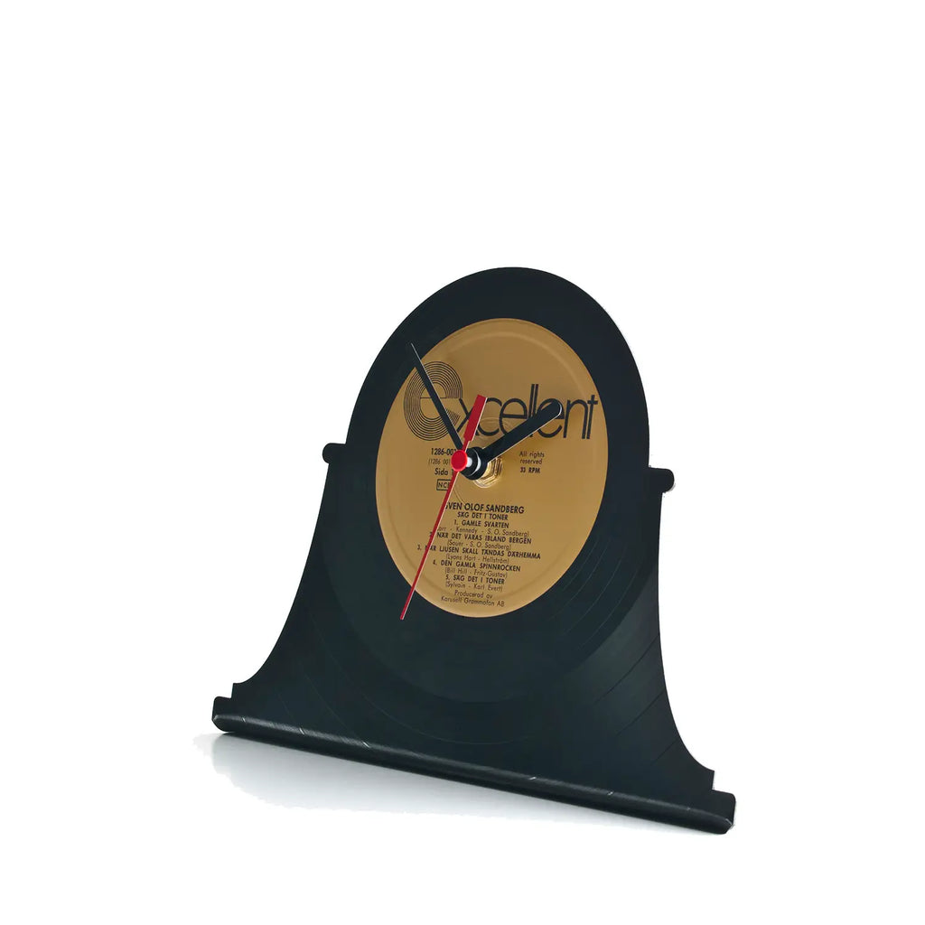 Schallplattentischuhr retro 1 schwarze vinyluhr mit goldfarbenem excellent logo und tracklist im centerbereich