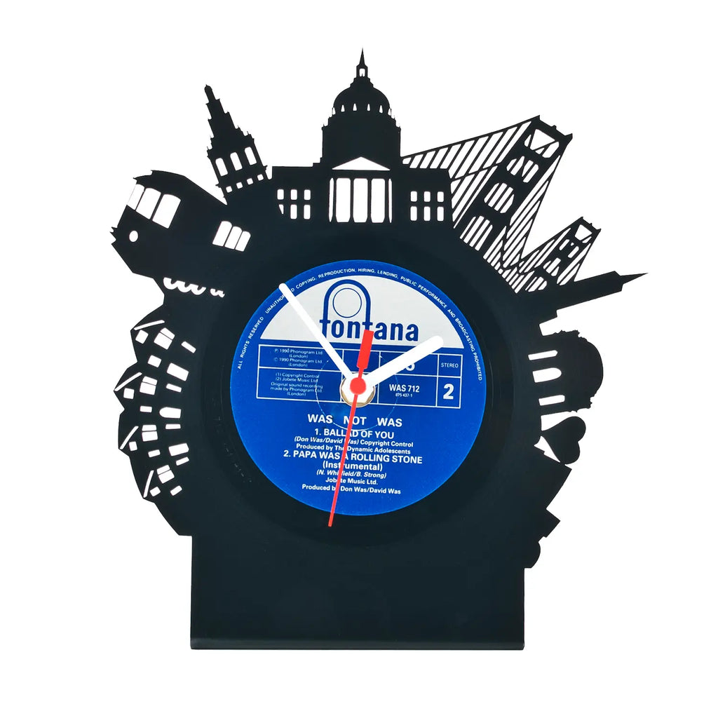 Schallplattentischuhr san francisco schwarze vinyluhr mit blauem zentrum und weißem cityscape rundum