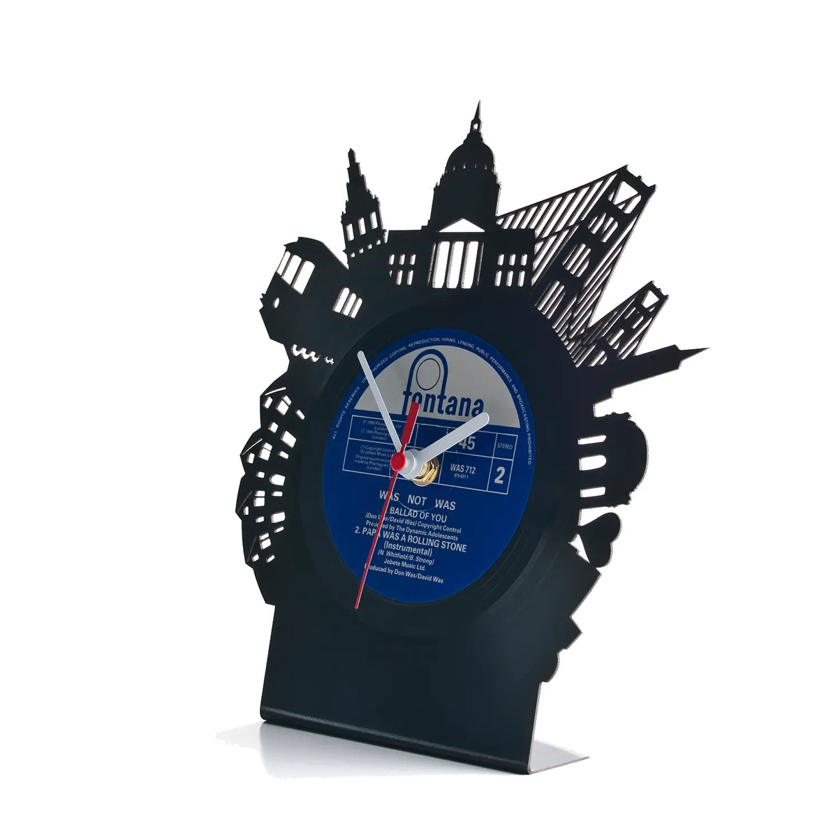 Schwarze schallplattentischuhr mit cityscape-silhouette und blauem zifferblatt san francisco motiv
