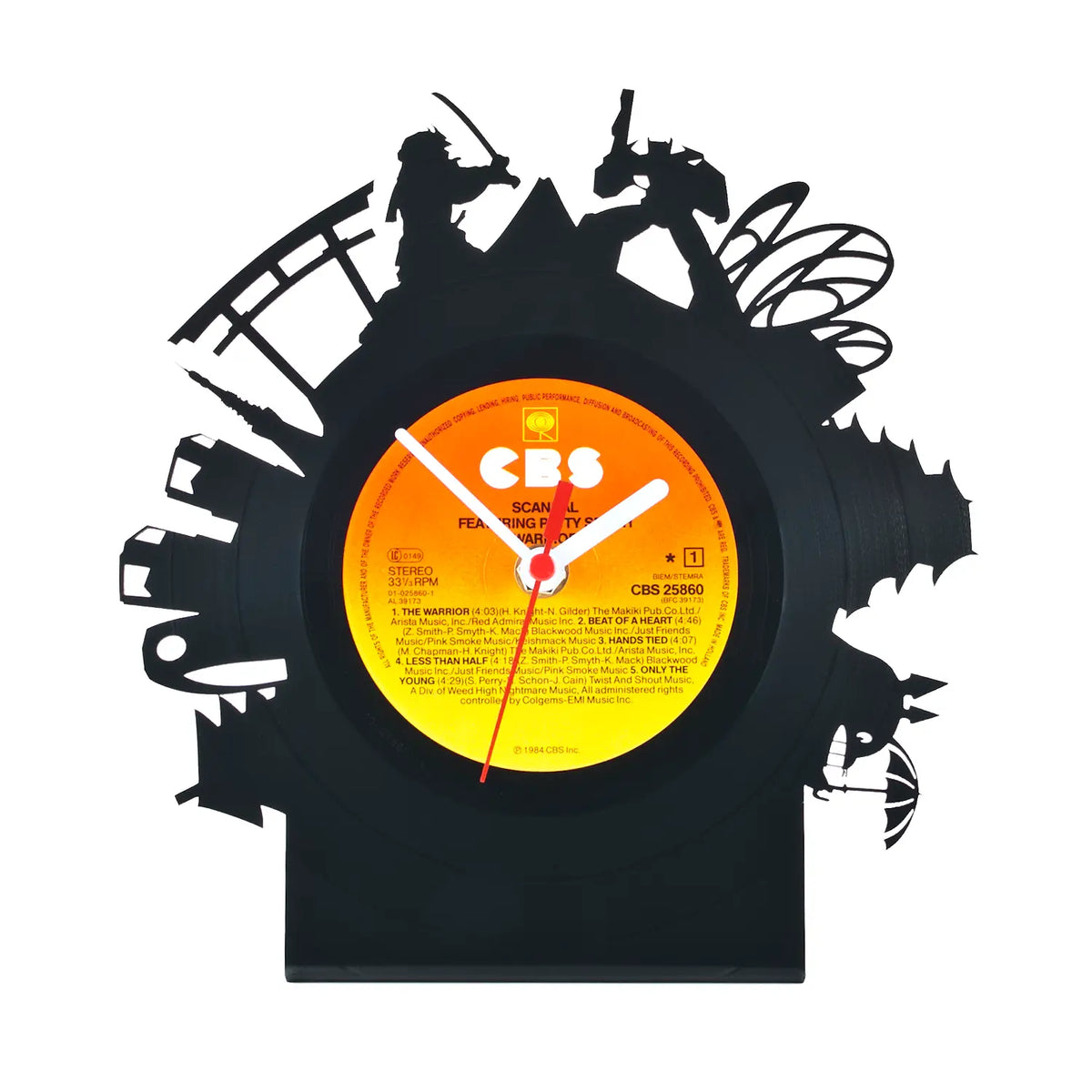 Schallplattentischuhr tokio aus schwarzem vinyl mit orange gelbem cbs label und fantasiecharakter ausschnitten