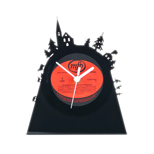 Schallplattentischuhr weihnachten nummer 1 schwarze vinyluhr mit rotem zentrum und weißen zeigern plus schwarzer weihnachtsszene
