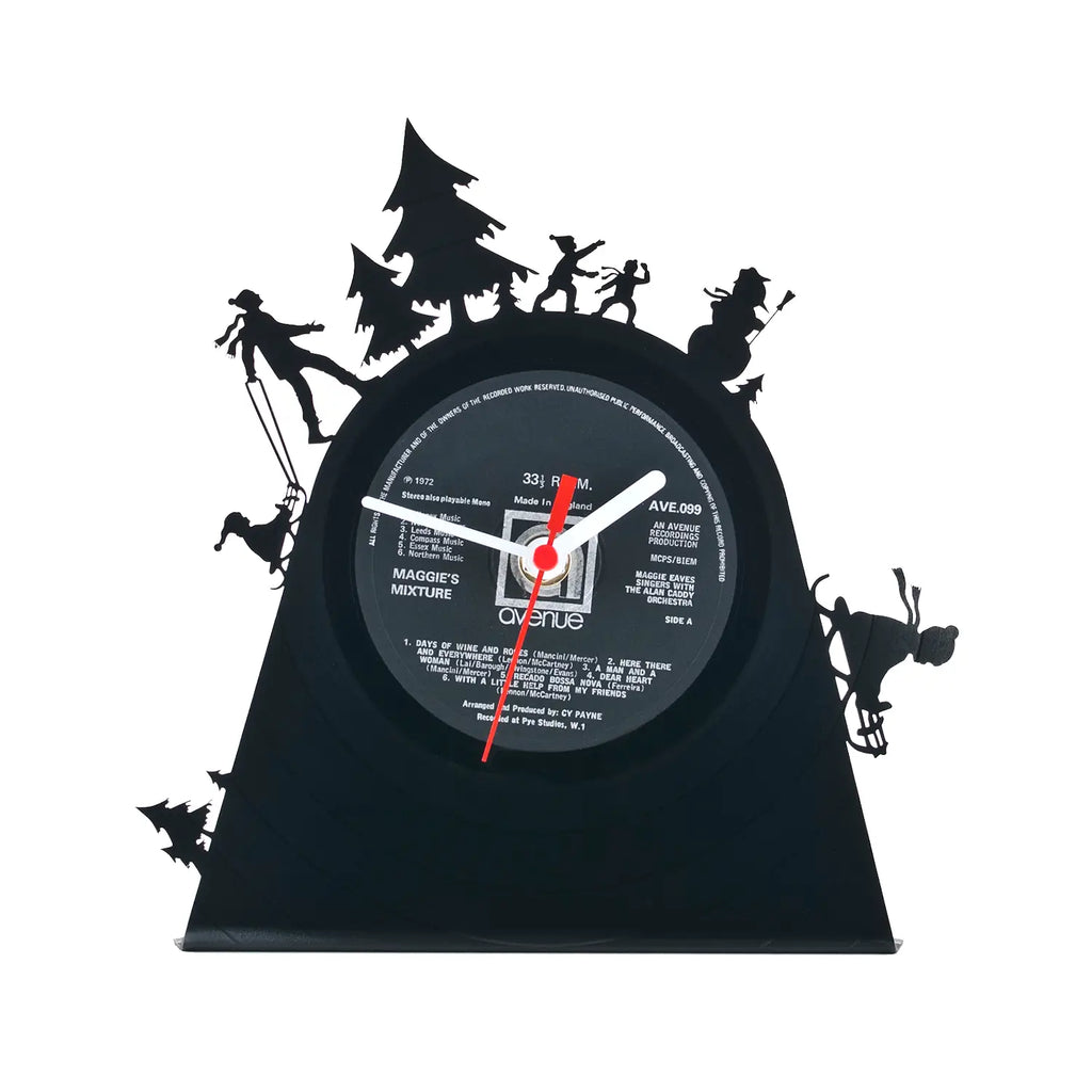Schallplattentischuhr snowfun schwarze vinyluhr mit weißen und roten zeigern und weihnachtsbaum-silhouetten