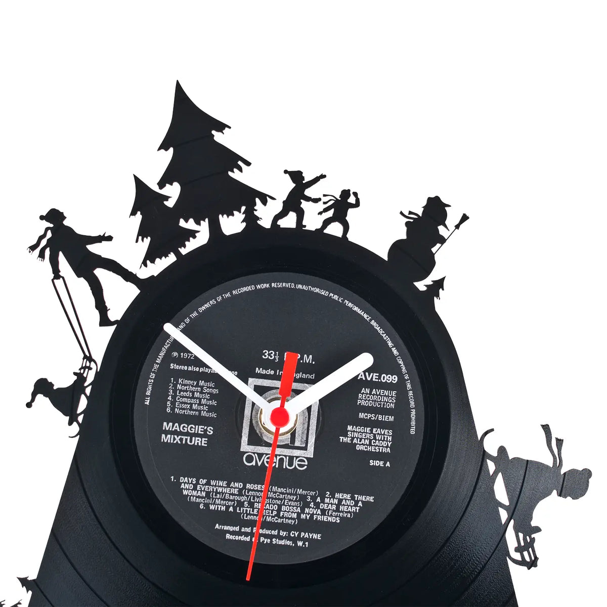 Black vinyl schallplattentischuhr snowfun mit weißen zeigern und roten sekundenzeiger mit skiing-silhouetten