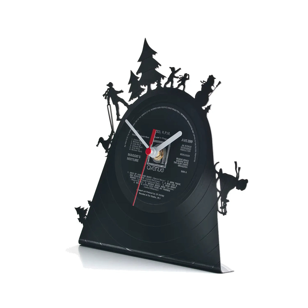 Schallplattentischuhr snowfun schwarzer Vinyluhr mit silbernen und roten Zeigern und Skifahrer- und Snowboarder-Silhouetten