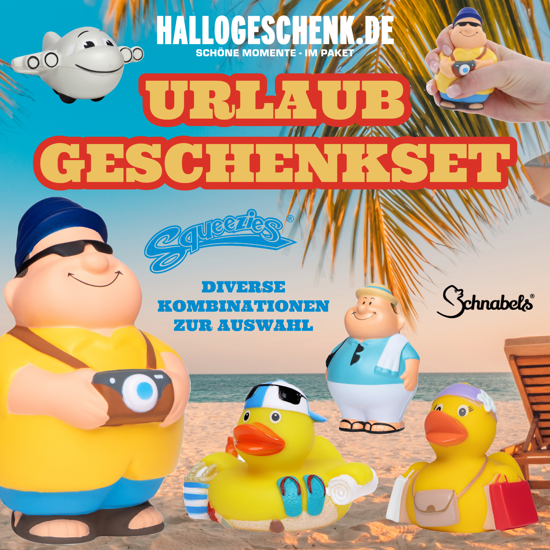 Urlaub • Geschenkset verschiedene Versionen • Quetschfigur • Badeente