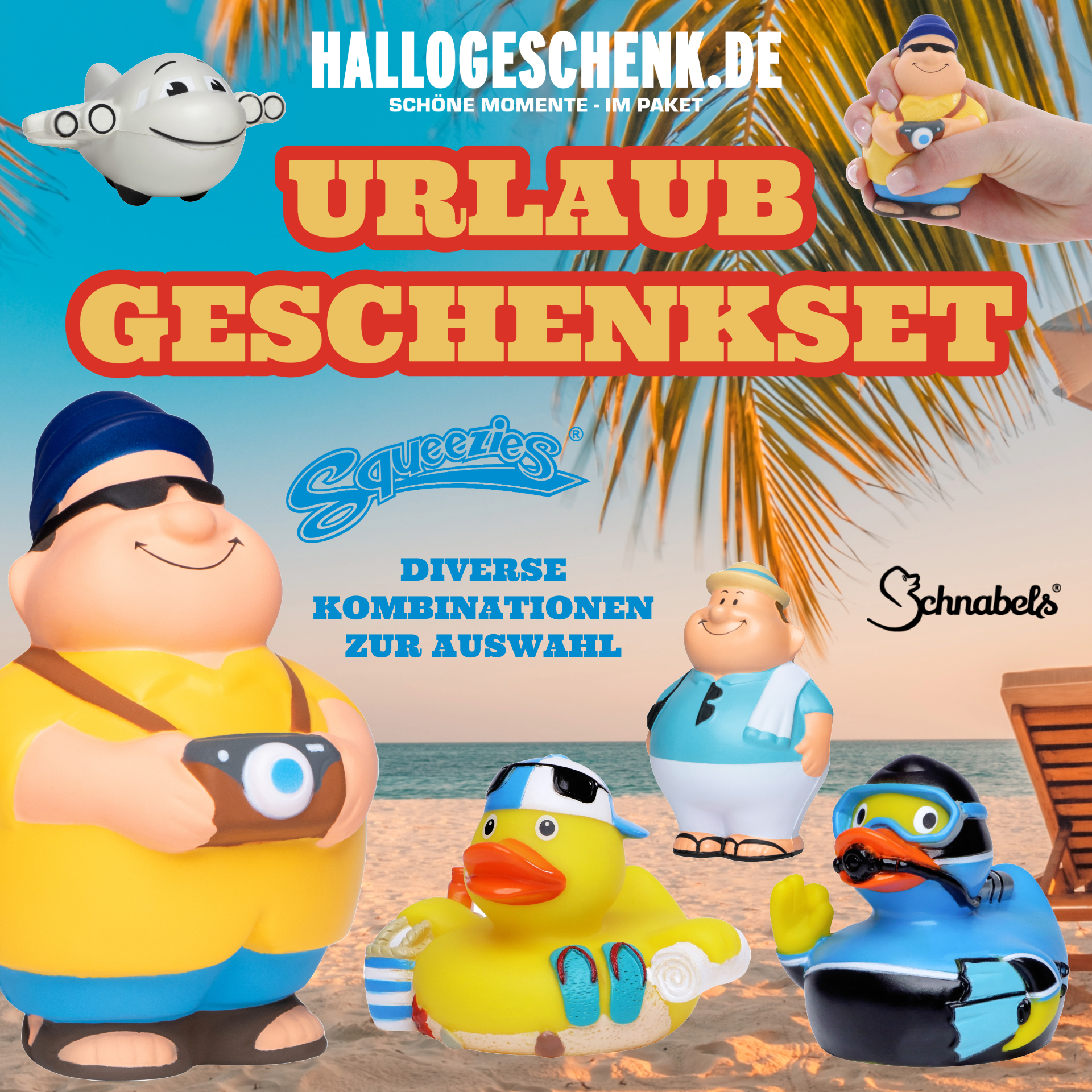 Urlaub • Geschenkset verschiedene Versionen • Quetschfigur • Badeente