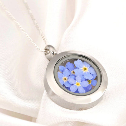 Vergissmeinnicht Blüten Medaillon - Glasmedaillon mit Echten Blüten 925 Sterling Silber Halskette - K925-134