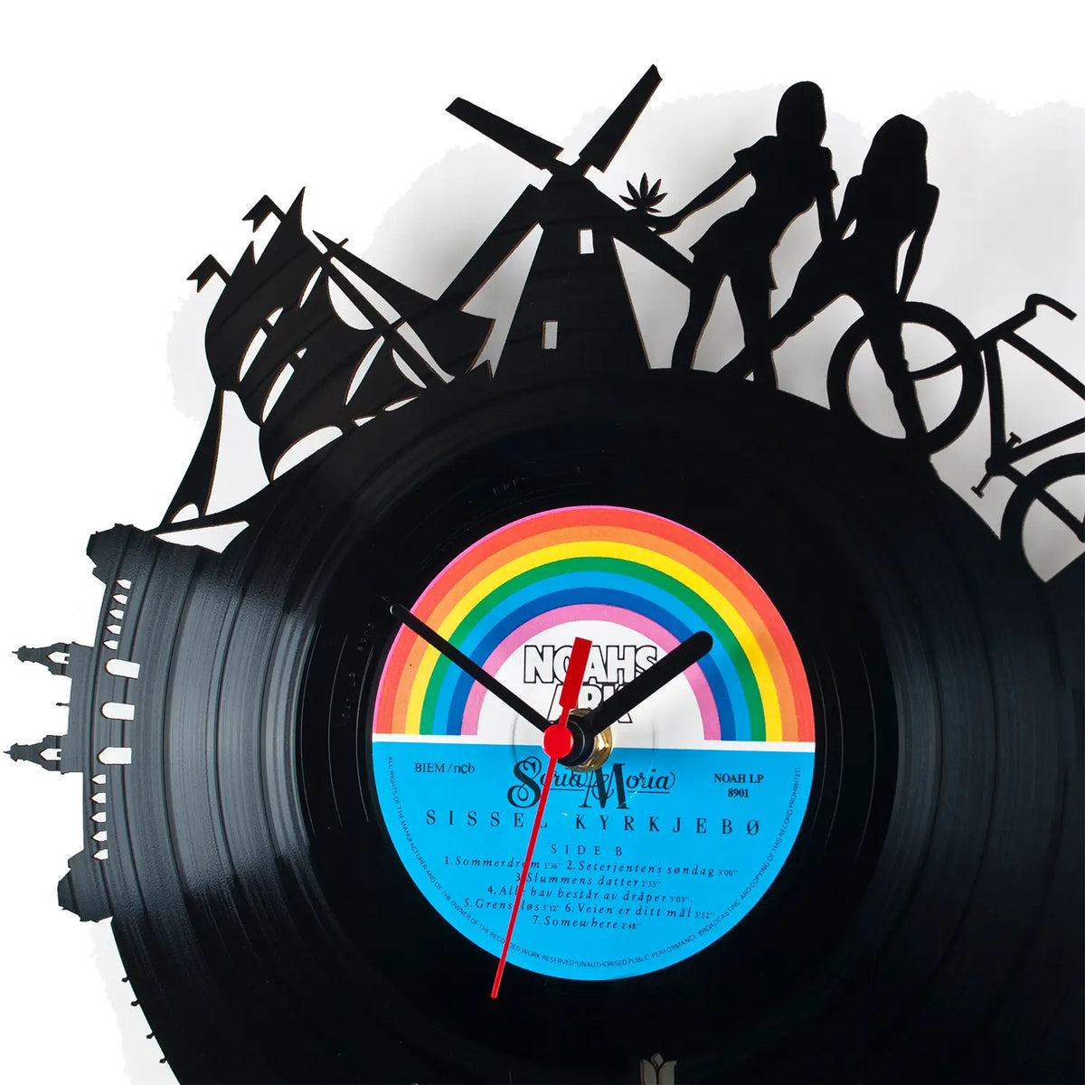 Schallplattenuhr holland schwarzes vinyl mit regenbogen und blauem label windmühlen radfahrer segelboote motiv