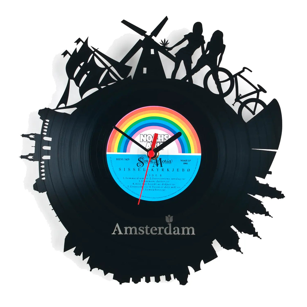 Schallplattenuhr holland schwarze vinyl wanduhr mit regenbogenfarbenem amsterdam label windmühlen und radfahrer designs