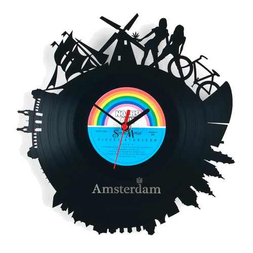 Schallplattenuhr holland schwarze vinyl wanduhr mit regenbogenfarbenem amsterdam label windmühlen und radfahrer designs