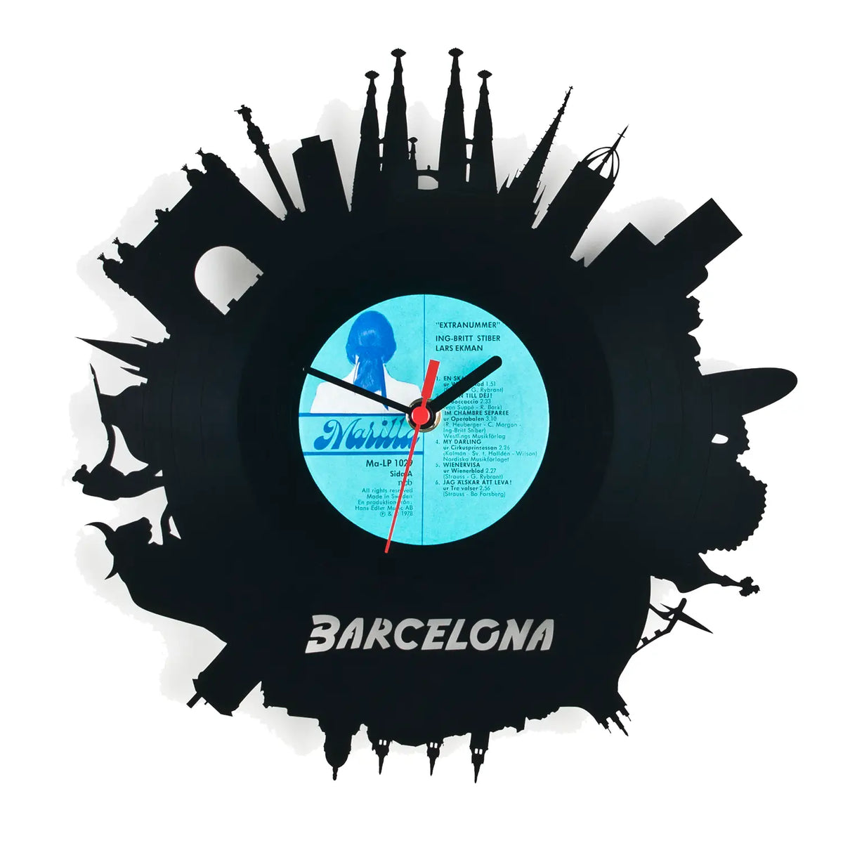 Black vinyl wanduhr mit barcelona skyline silhouette und barcelona schriftzug aus schwarzem vinyl namens schallplattenuhr barcelona