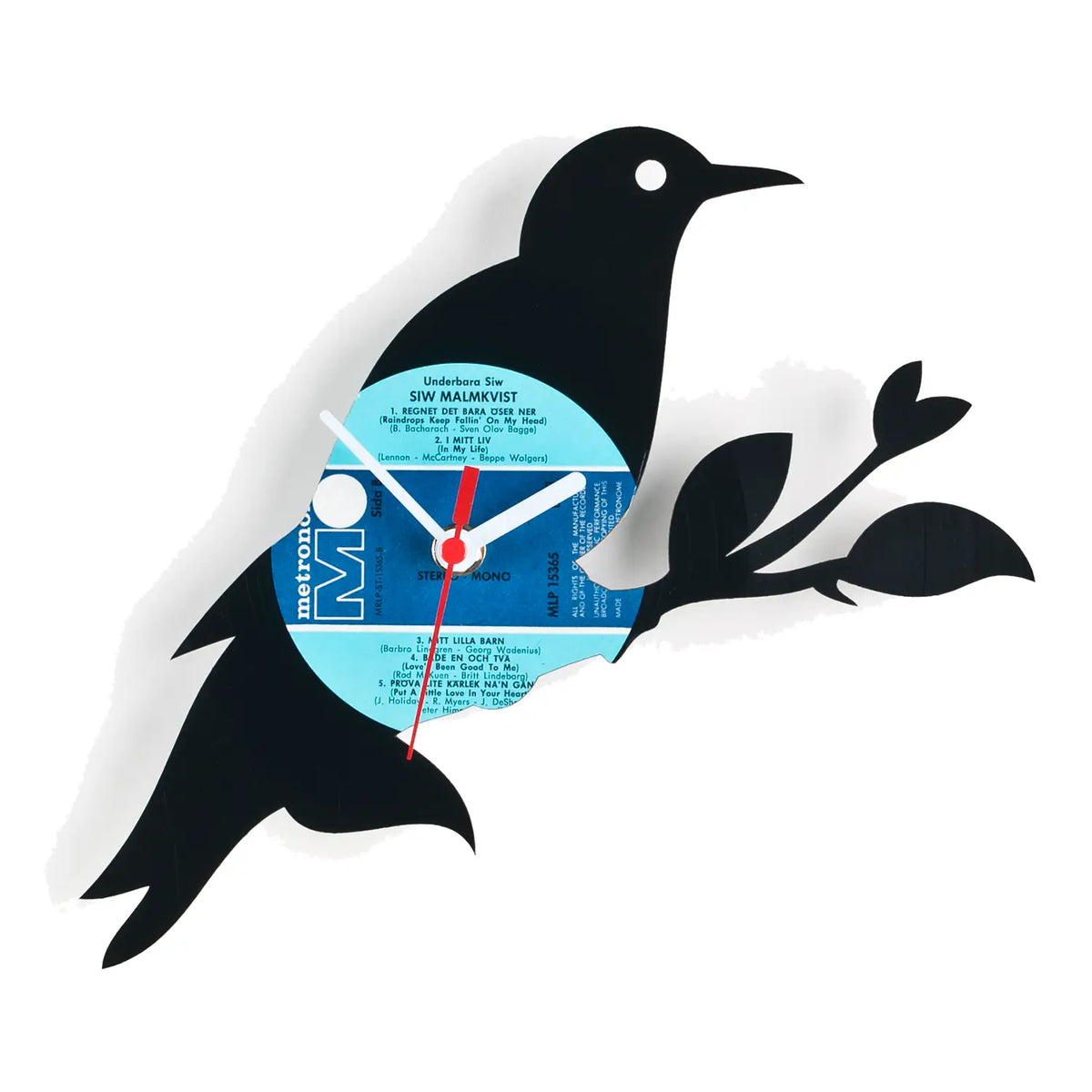 Black vogel wanduhr aus recycelter schallplatte mit blauem label und weißen akzenten