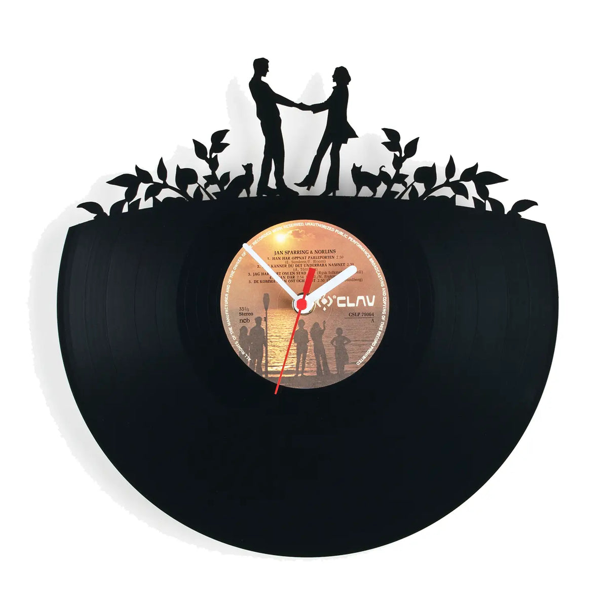Schallplattenuhr verliebte schwarze vinyl wanduhr mit vintage orange label und weißen silhouetten von menschen und tieren