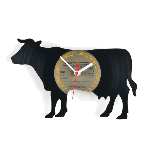 Schallplattenuhr rind schwarze kuhförmige wanduhr mit vintage vinyl plattengesicht und gold schwarzen texten