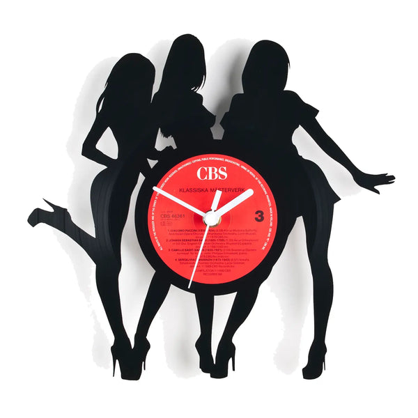 Rote schallplattenuhr girls mit schwarzen tanzenden frauenfiguren auf vinyl als wanduhr dekor