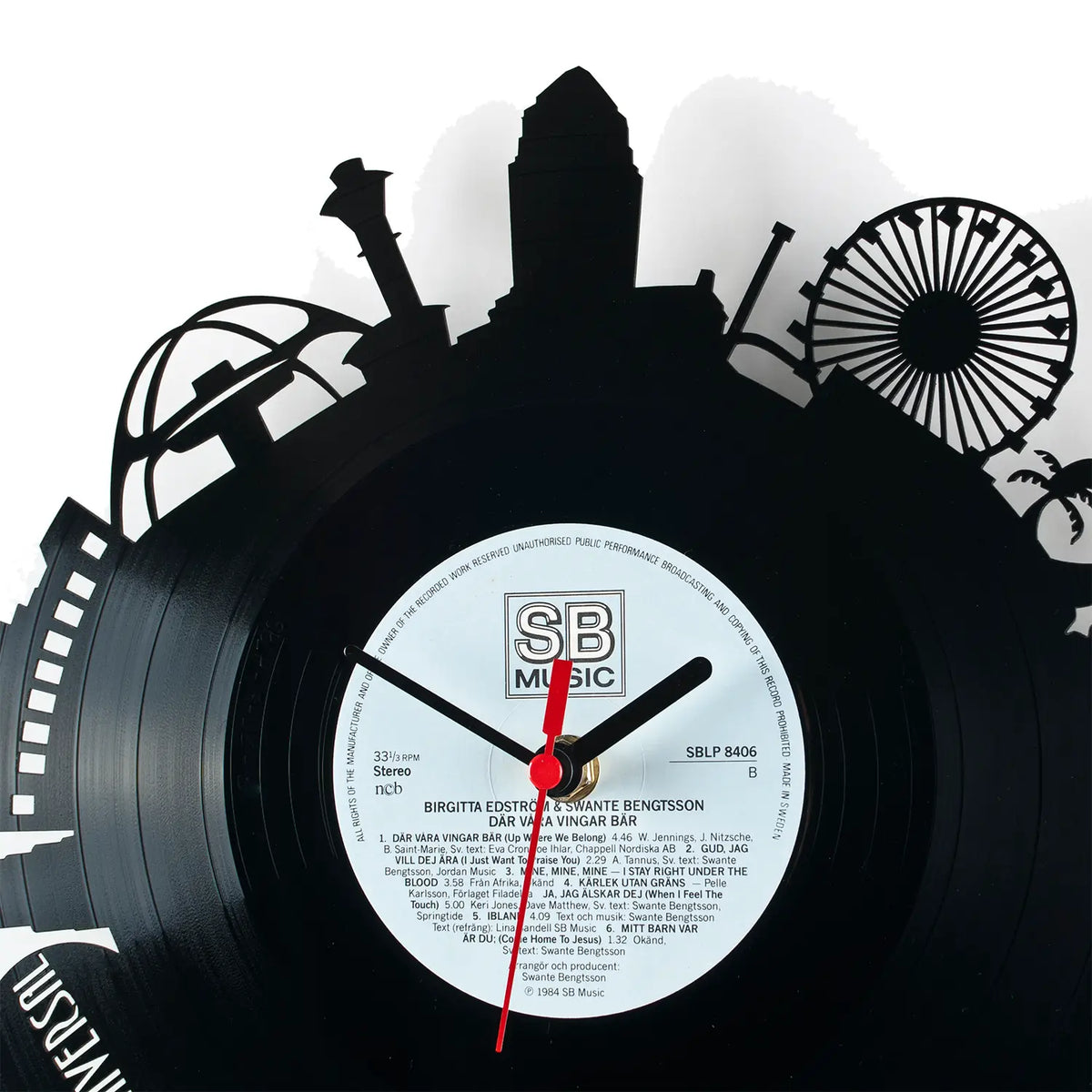 Schallplattenuhr los angeles schwarze vinyluhr mit weißem zifferblatt und silhouetten von stadtwahrzeichen und palmen