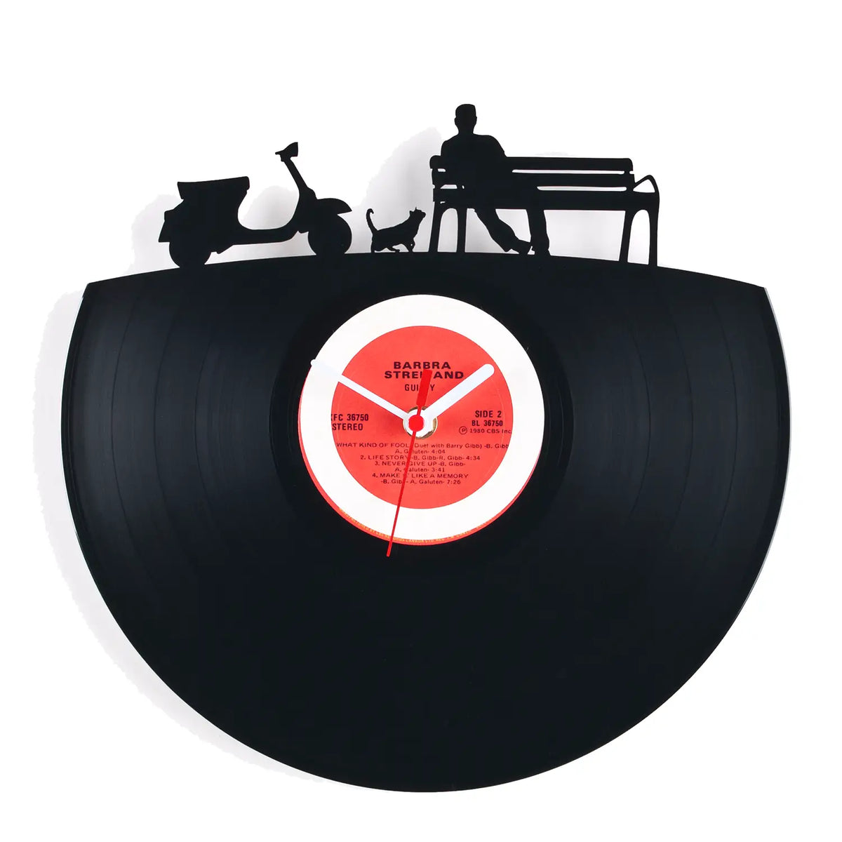 Schallplattenuhr dolce vita schwarze vinyl wanduhr mit rotem zentrum und silhouetten von roller katze und bank
