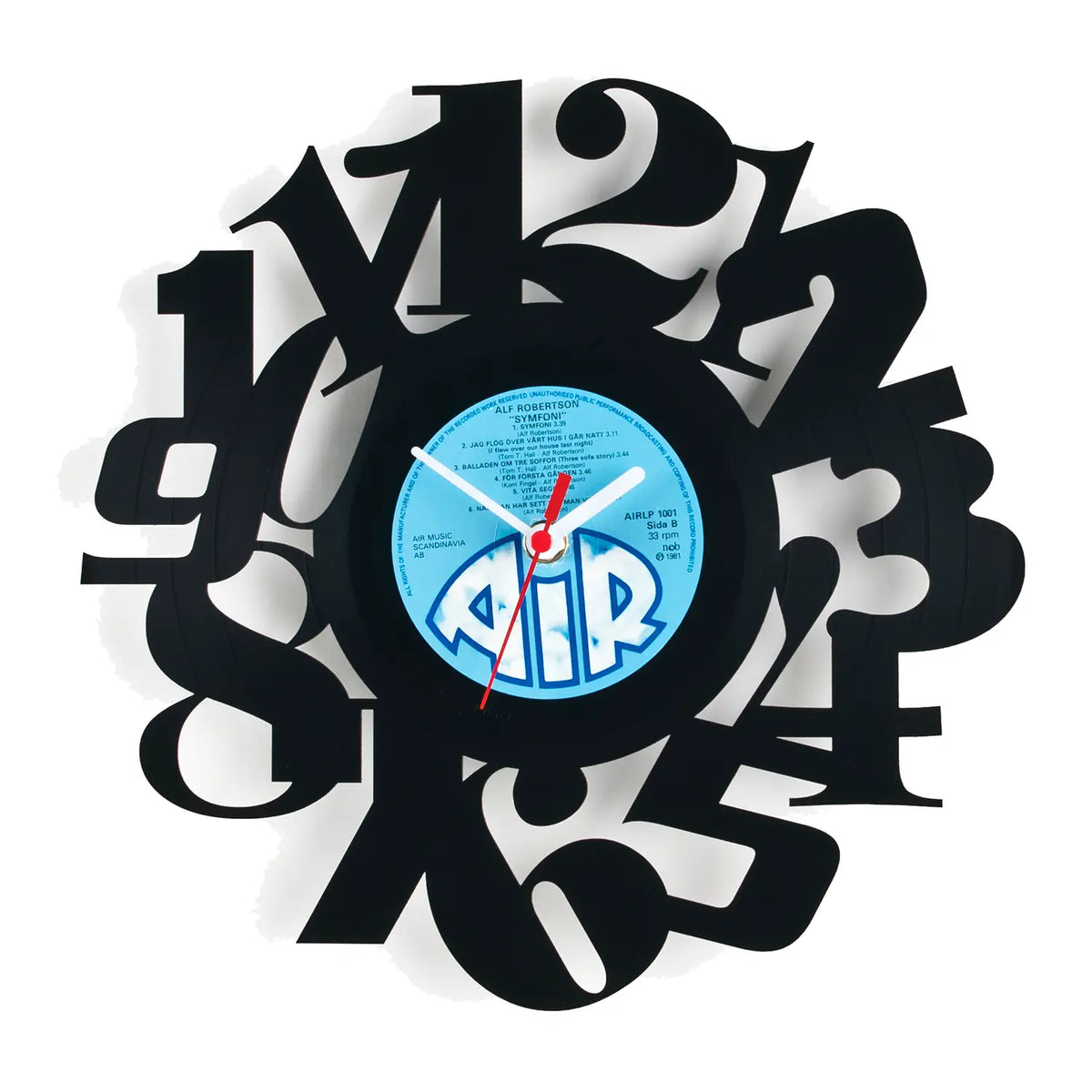 Schallplattenuhr mit schwarzen vinyl, weißen zahlen und blauem air band logo im ziffernblatt 2 design