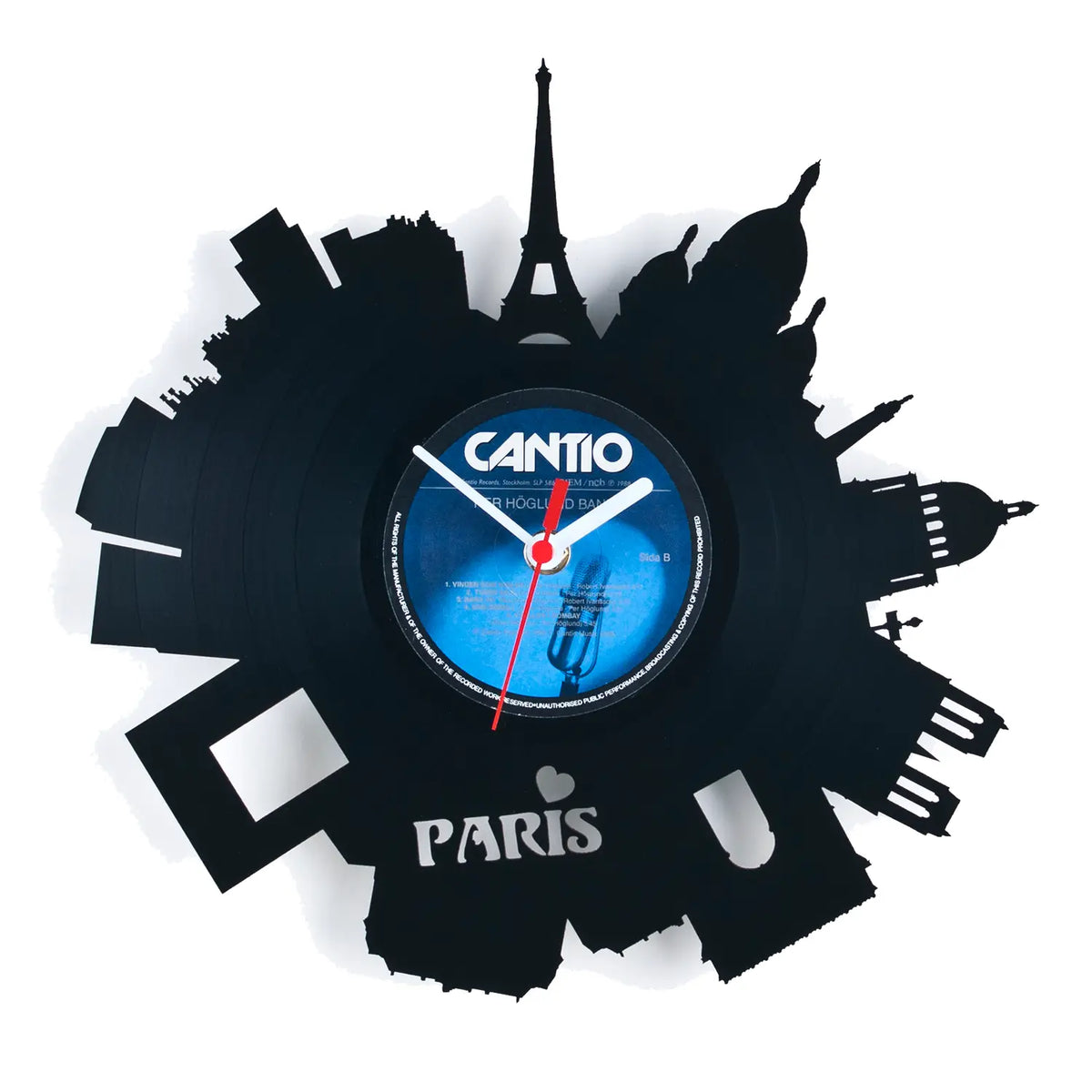 Schallplattenuhr paris schwarze vinyl wanduhr mit paris skyline und eiffelturm silhouette rund um blaues cantio label