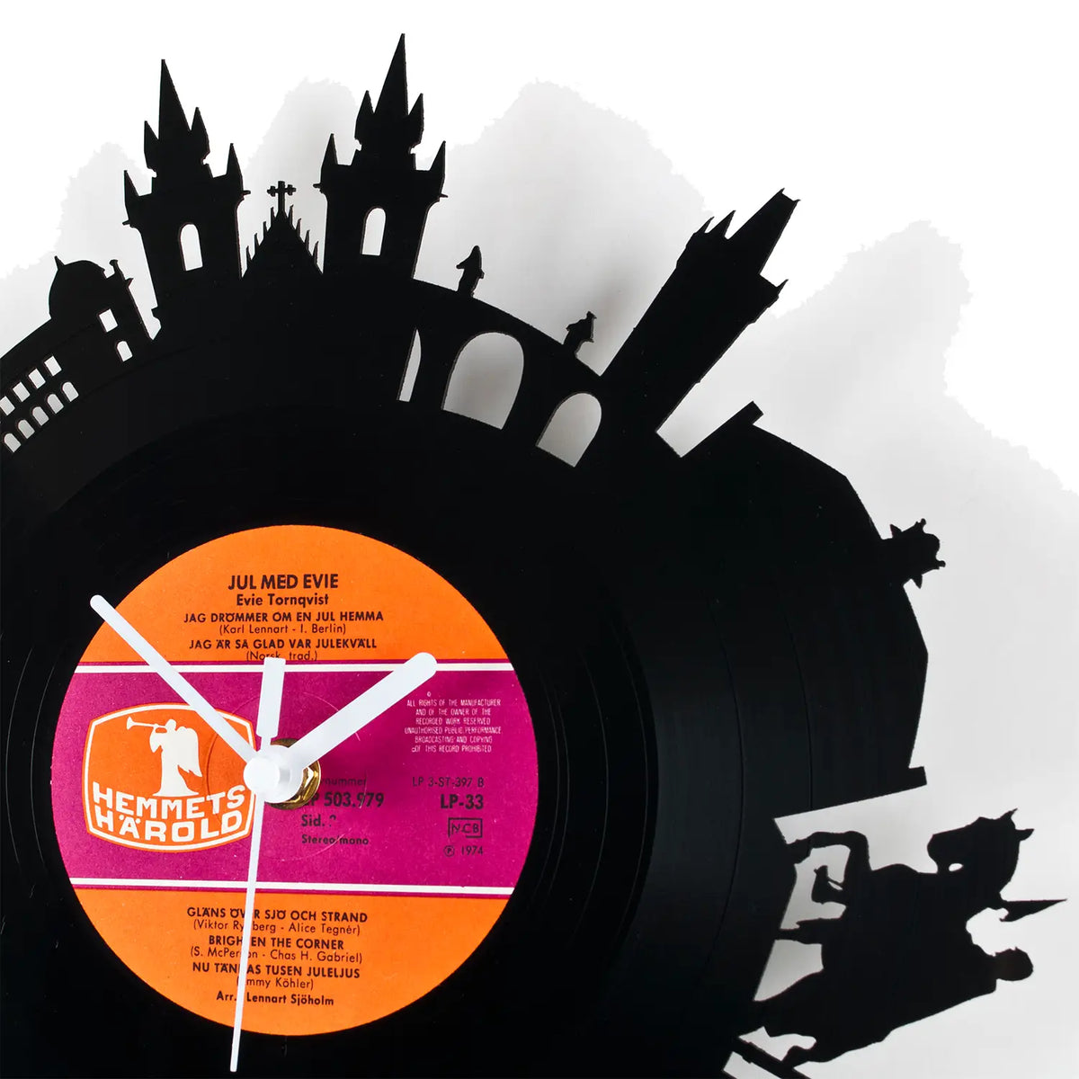 Schallplattenuhr prag mit schwarzer vinyluhr und schloss-silhouette sowie oranger und pinker hemmetts harald etikett