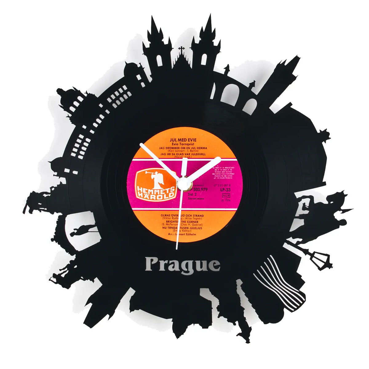 Schallplattenuhr prag aus schwarzer vinyl mit prager skyline silhouette und orange pinkem hemmet’s harald label