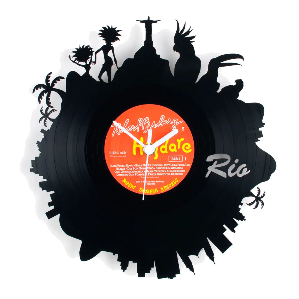 Schallplattenuhr rio de janeiro schwarze vinylwanduhr mit rio silhouette und orangefarbenem zentrumlabel