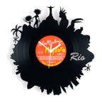 Schallplattenuhr rio de janeiro schwarze vinylwanduhr mit rio silhouette und orangefarbenem zentrumlabel