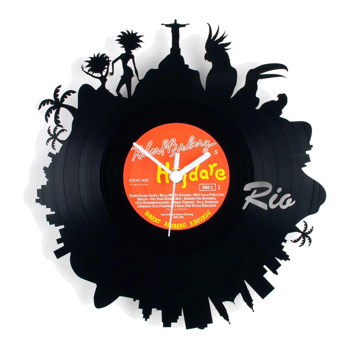 Schallplattenuhr rio de janeiro schwarze vinylwanduhr mit rio silhouette und orangefarbenem zentrumlabel