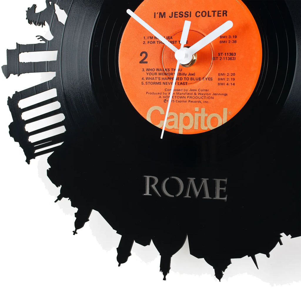 Schallplattenuhr rom schwarze vinyluhr mit orangenem label und capitol records logo mit album i’m jessi colter