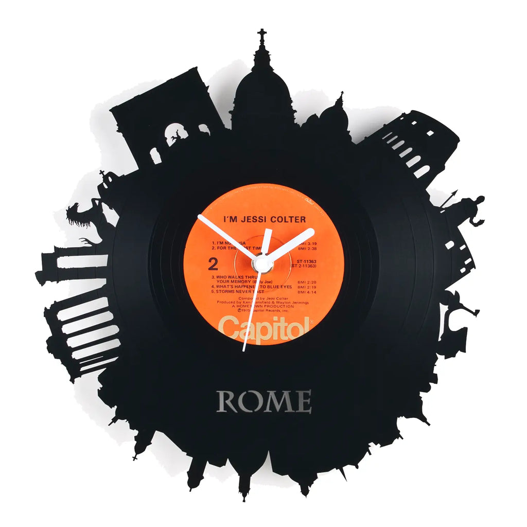 Schallplattenuhr rom schwarze vinyl wanduhr mit orange label weißem text und rom skyline silhouette