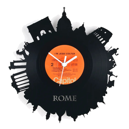 Schallplattenuhr rom schwarze vinyl wanduhr mit orange label weißem text und rom skyline silhouette