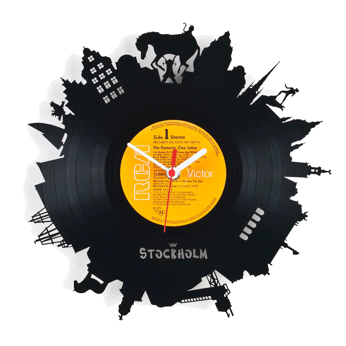 Schallplattenuhr stockholm schwarze vinyl wanduhr mit gelbem rca victor label und stockholm skyline silhouetten