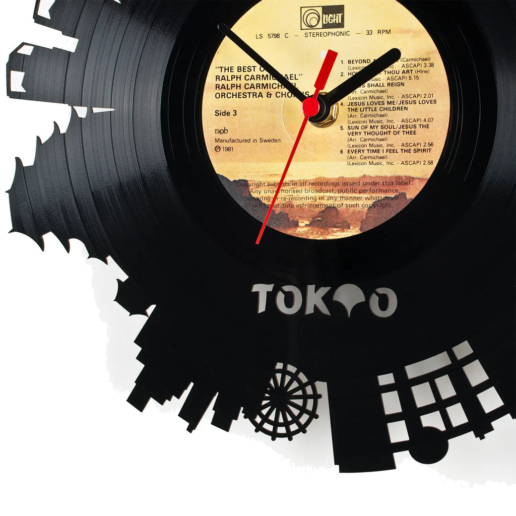 Black vinyl record wall clock with red center gold hands featuring tokyo cityscape design schallplattenuhr tokio