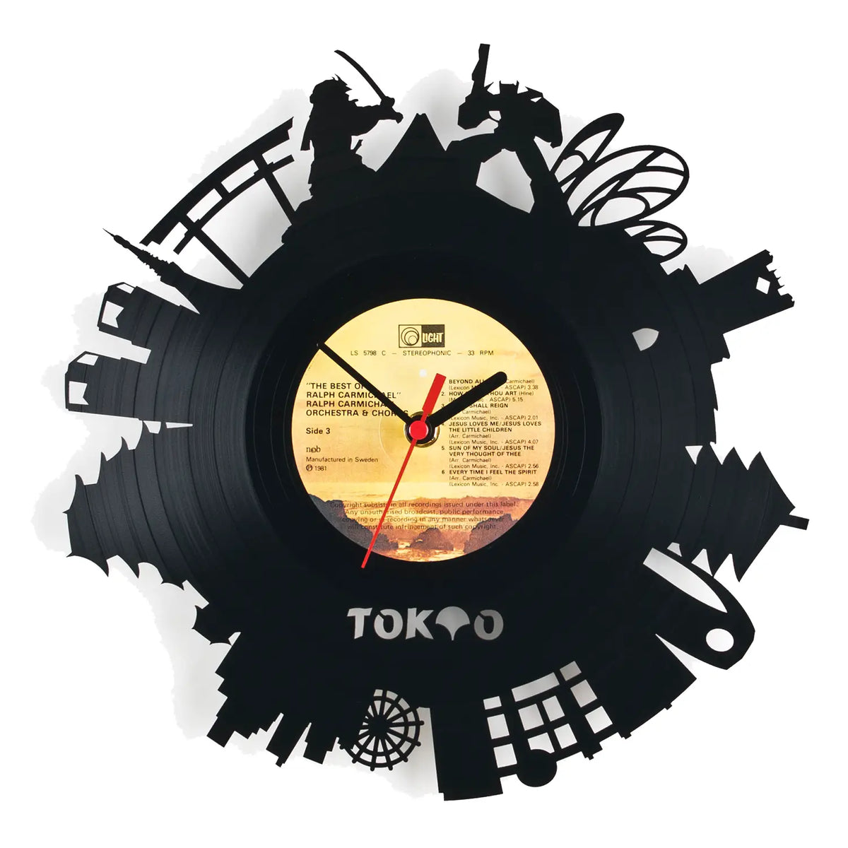 Schallplattenuhr tokio schwarz mit tokio skyline silhouette und roten zeigern aus vinyl als wanduhr