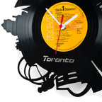 Schallplattenuhr toronto schwarze vinyl wanduhr mit leuchtend gelbem rca label und silbernem toronto schriftzug