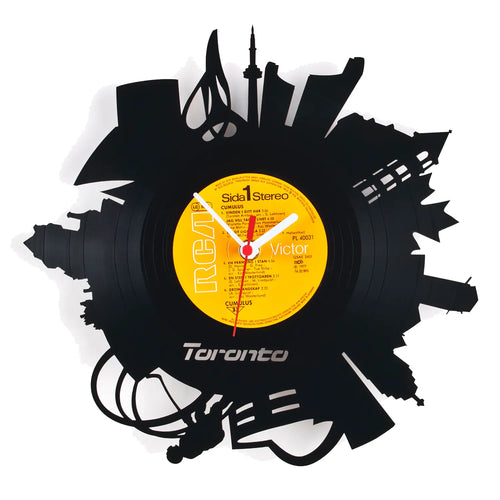 Schallplattenuhr toronto schwarzes vinyluhr mit gelbem rca victor label und stadt-silhouetten aus schnitten