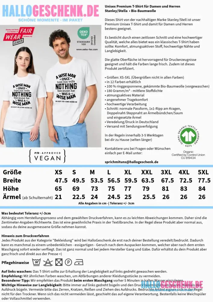 A wise man & his wife • Mann • Frau • Ehe • Unisex Premium T-Shirt XS-5XL aus Bio-Baumwolle für Damen & Herren • Exklusivdesign • personalisiert