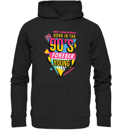 Schwarzer hoodie mit buntem 90er retro grafik print born in 90s forever young und boombox motiv
