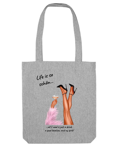 Grau canvas tote bag mit bedruckt illustration von legs in schwarz heels haltend drink und Text life is so schön
