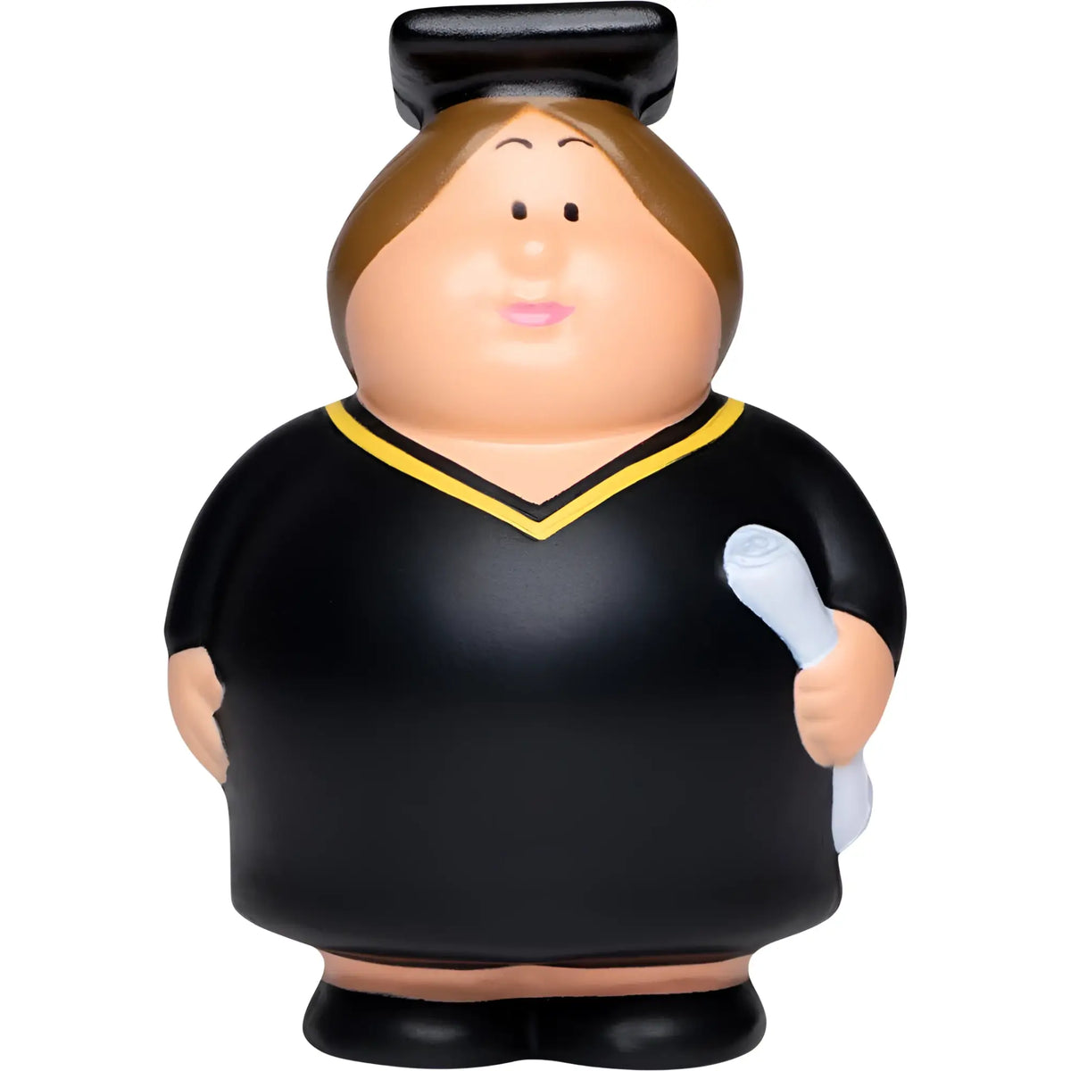 Schwarze absolventin berta stressfigur mit gelbem rand und cartoon-absolventin als anti-stress-quetschfigur