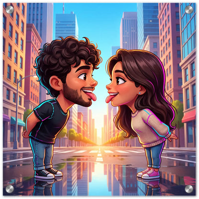 Cartoon-stil acrylbild freches duo mit 3d-figurenpaar in schwarzem tshirt und beigem pullover als personalisiertes geschenk