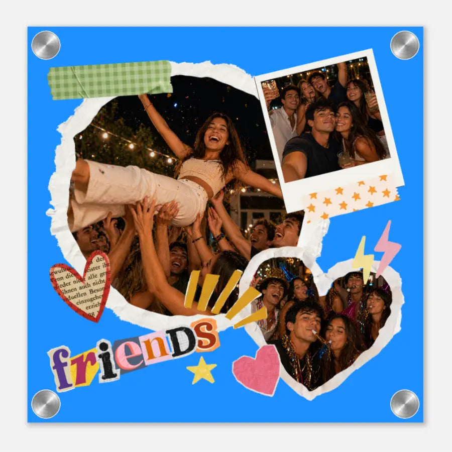 Acrylbild friends 30x30 cm blaue quadratische fotocollage mit freunden auf party und bunten stickern
