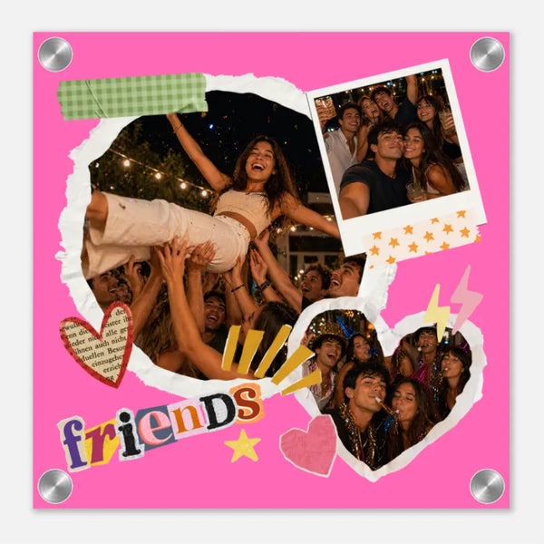 Pink acrylbild friends 30x30 cm mit scrapbook fotocollage von besten freunden auf party mit herzen und glitzer
