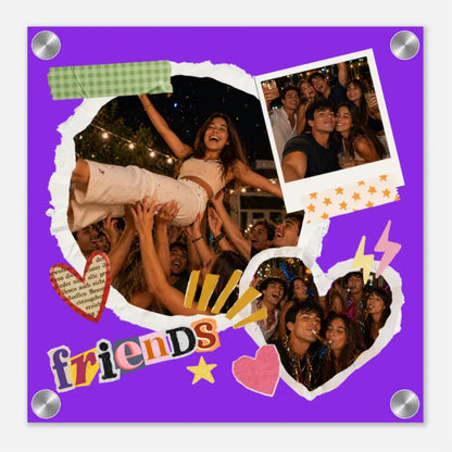 Lila acrylbild friends 30x30 cm mit fotocollage aus drei bildern von freunden mit stickers und torn kanten