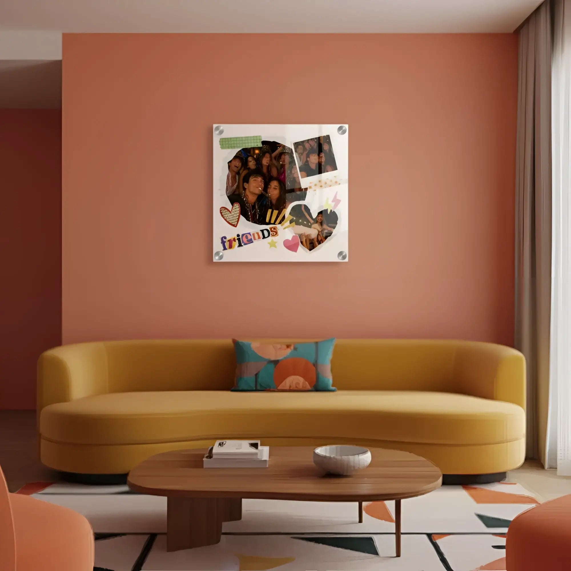 Ein quadratischer weißer acryl-fotocollage-druck mit bunten bilder und dekorativen elementen an wand