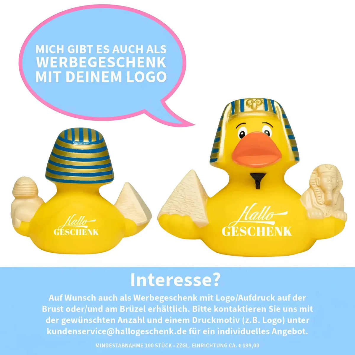 Gelbe badeente mit blaum gestreiftem ägyptischen kopfschmuck und sphinx figur von hallo geschenk