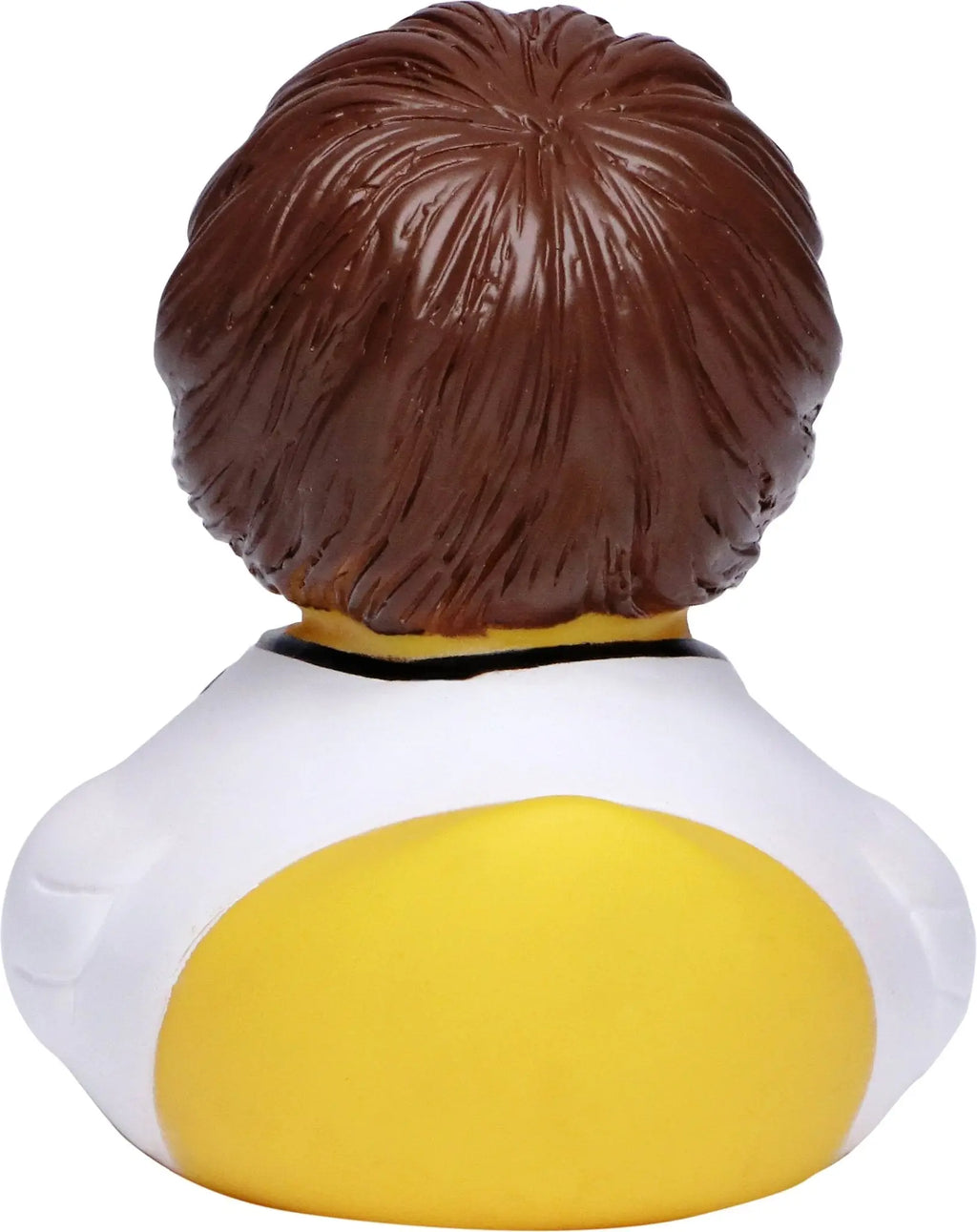 Braune rubberduckärztin mit weiß-gelbem shirt und schwarzem rand als badeente für ärztinnen