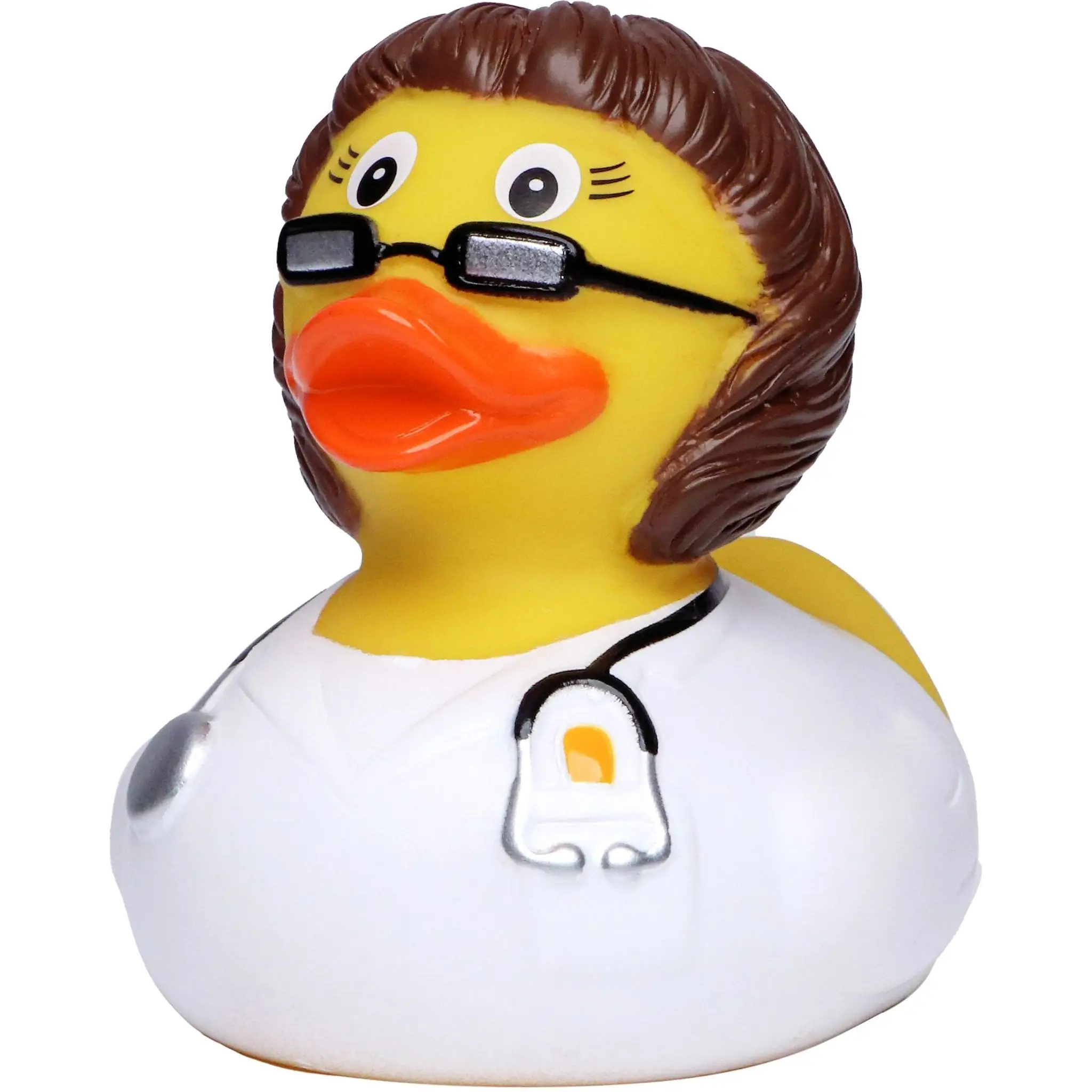 Eine gelbe badeente als ärztin mit braunen haaren, schwarzer brille und weißem kittel mit stethoskop