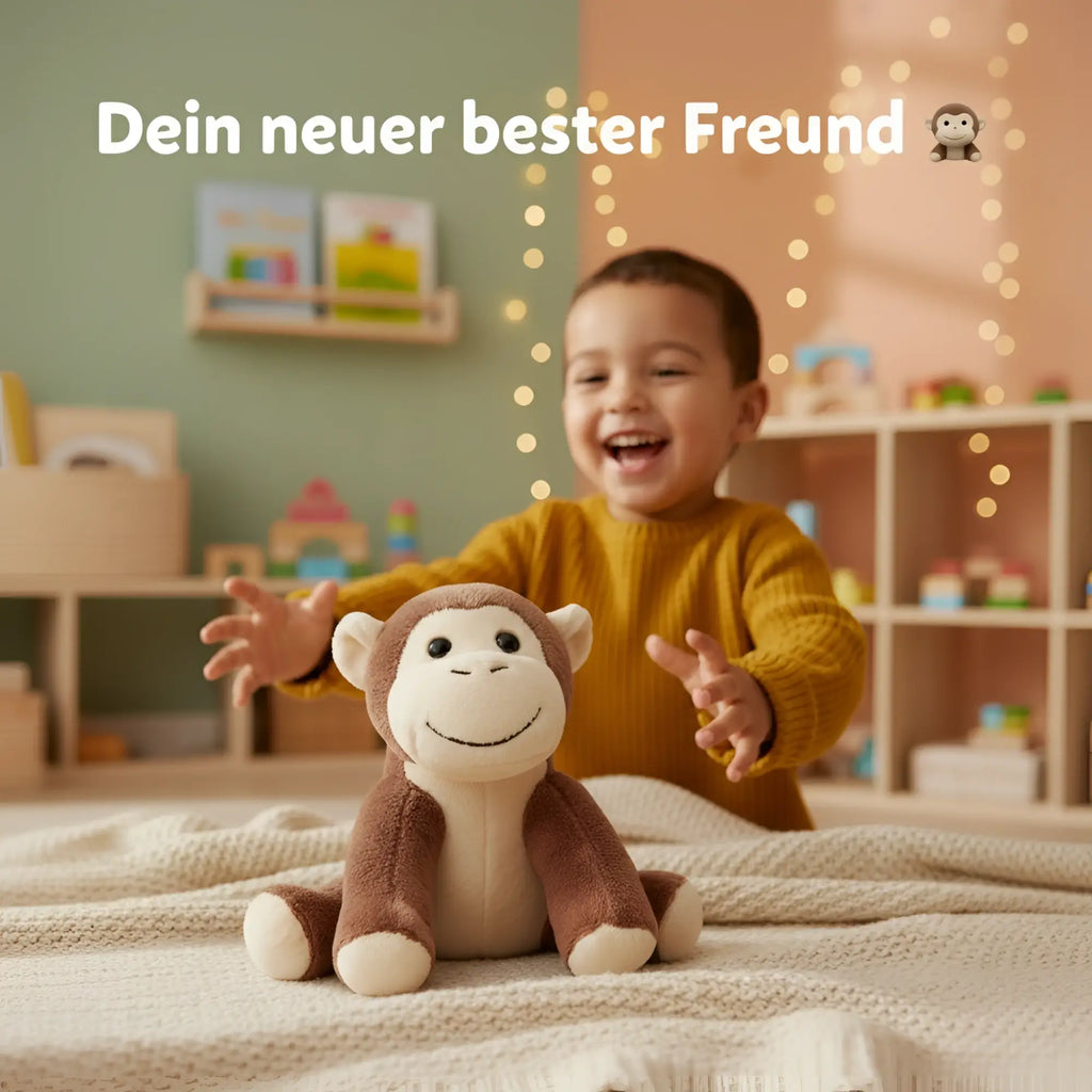 Brauner und cremefarbener plüschtier affe bjarne mit weichem stoff und freundlichem lächelndem gesicht