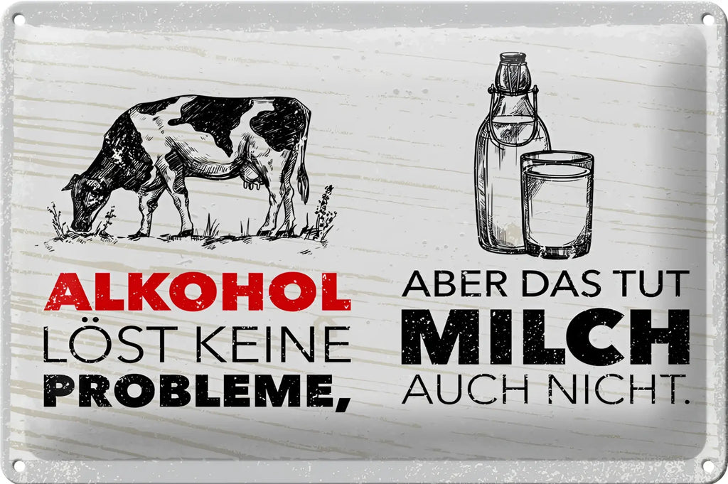 Rustikales silbernes blechschild 20x30cm mit schwarz-weißen skizzen von kuh und milchflasche und rotem schwarzem text